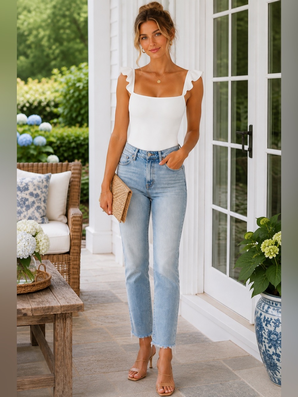 WILFRED Perrin Ruffle Strap Bodysuit | White | NWT